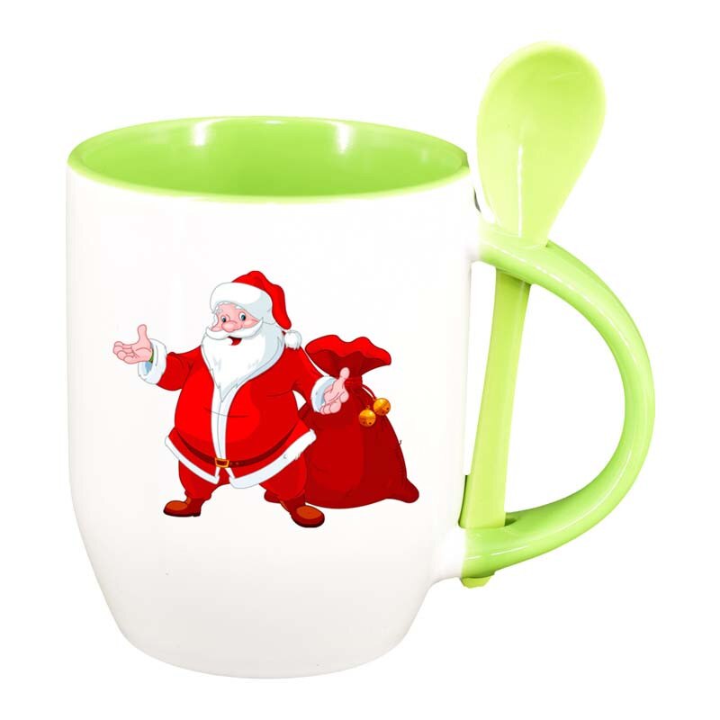 Cana Mos Craciun cu lingurita, interior verde deschis, 330ml, D162