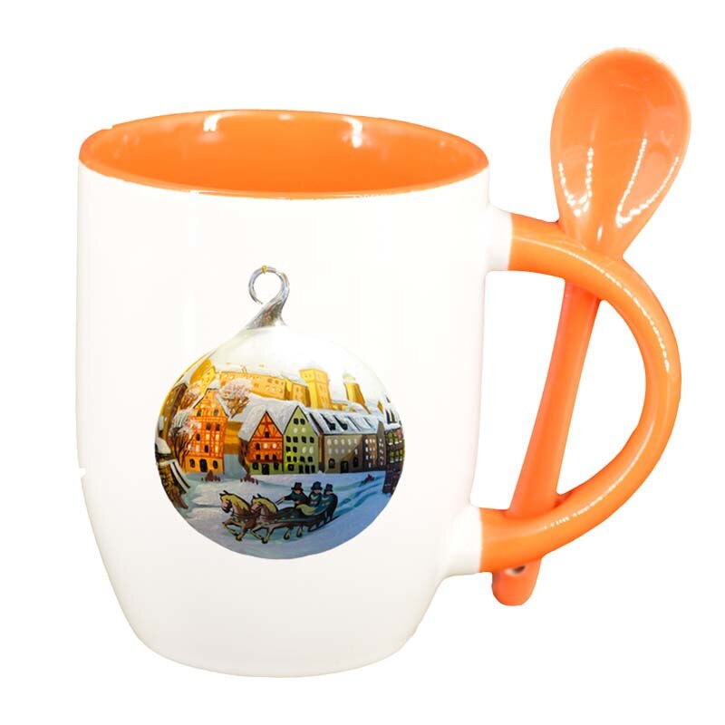 Cana Craciun cu lingurita, interior portocaliu, 330ml, D171