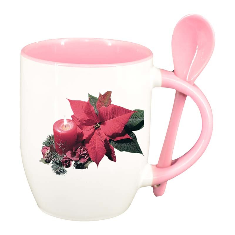Cana Craciun cu lingurita, interior roz, 330ml, D174