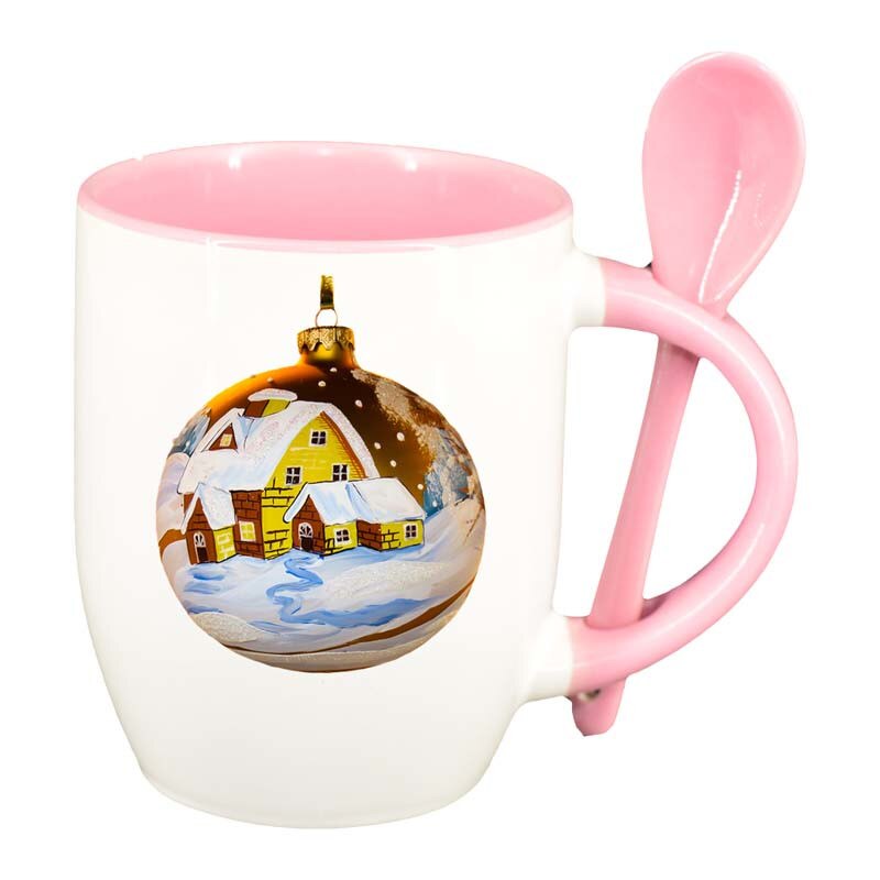 Cana Craciun cu lingurita, interior roz, 330ml, D172