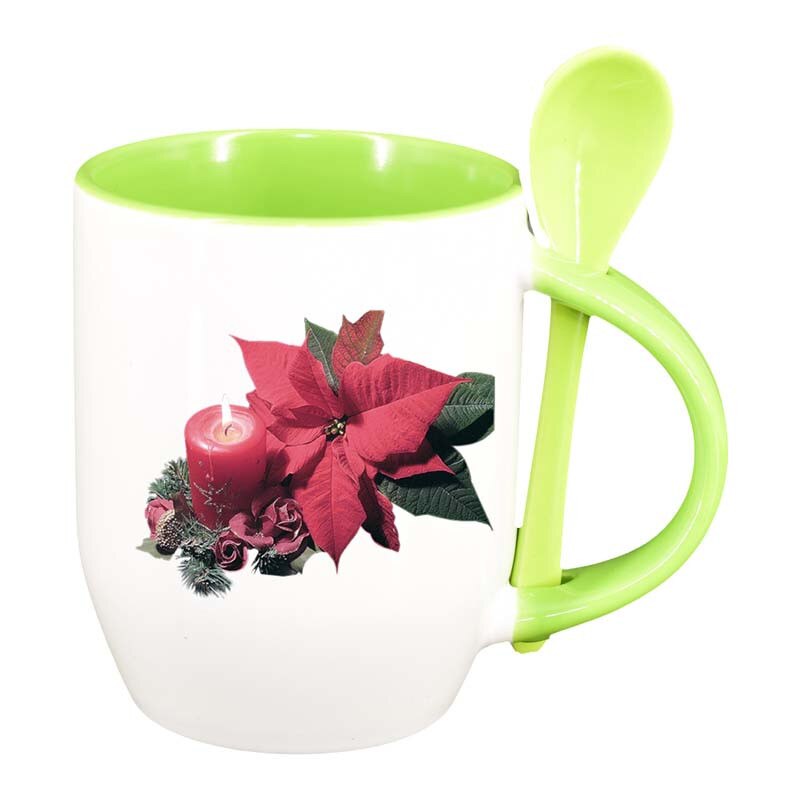 Cana Craciun cu lingurita, interior verde deschis, 330ml, D174