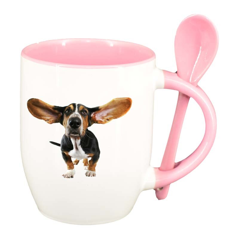 Cana Caine cu lingurita, interior roz, 330ml, D181