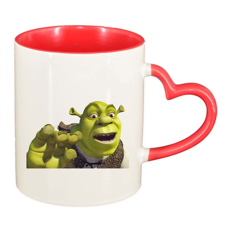 Cana Shrek, interior rosu, maner inima, 330ml, D190