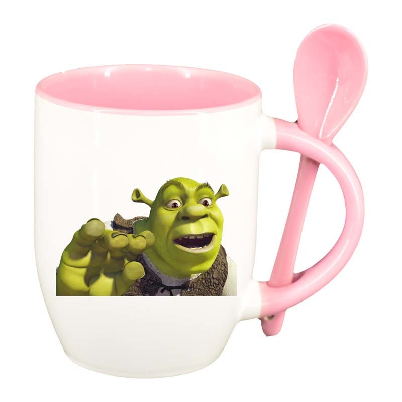 Cana Shrek cu lingurita, interior roz, 330ml, D190
