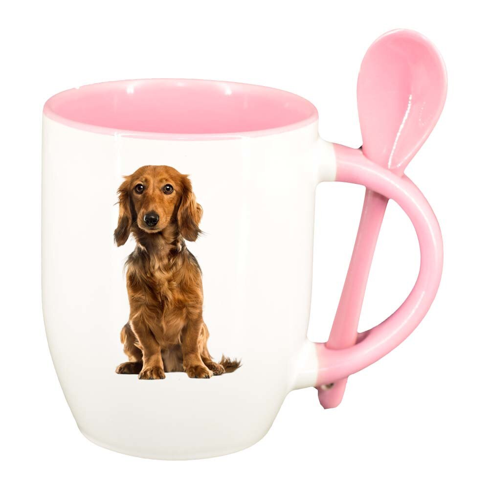 Cana Caine cu lingurita, interior roz, 330ml, D200