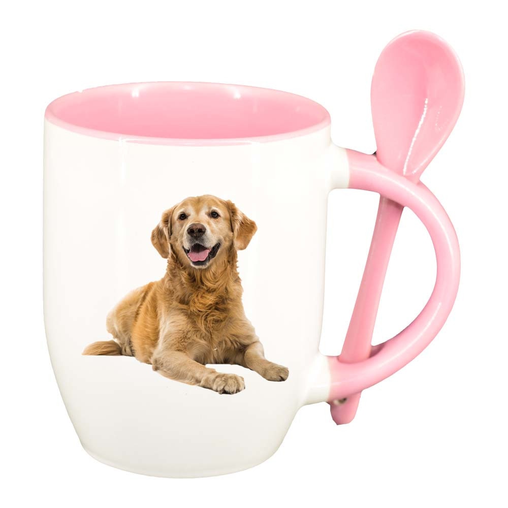 Cana Caine cu lingurita, interior roz, 330ml, D201