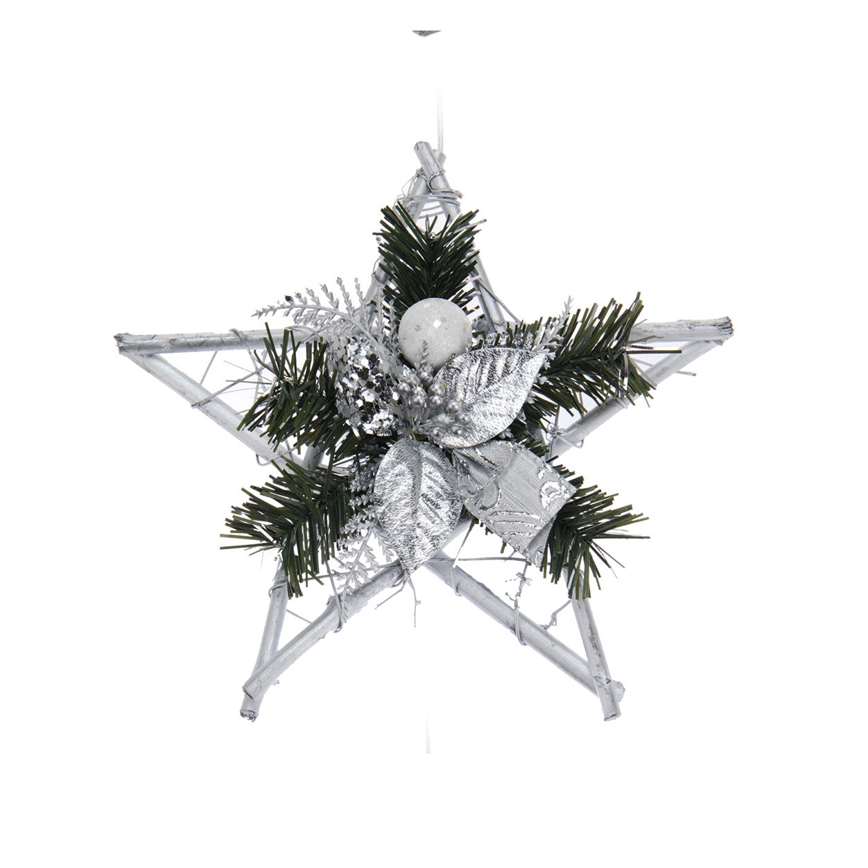 Decoratiune coronita brad, forma stea, argintiu