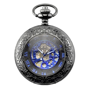 Ceas de buzunar MBrands, negru cu albastru, skeleton, Mecanic, cu lant , stil Vintage Ceas de buzunar MBrands, negru cu albastru, skeleton, Mecanic, cu lant , stil Vintage