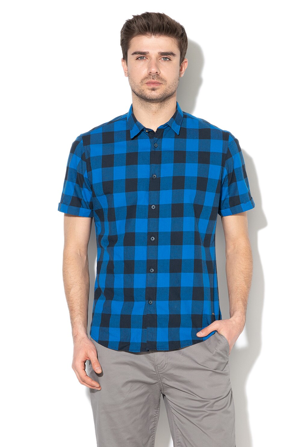 EDC by Esprit, Camasa slim fit cu model in carouri, Albastru/Negru, L