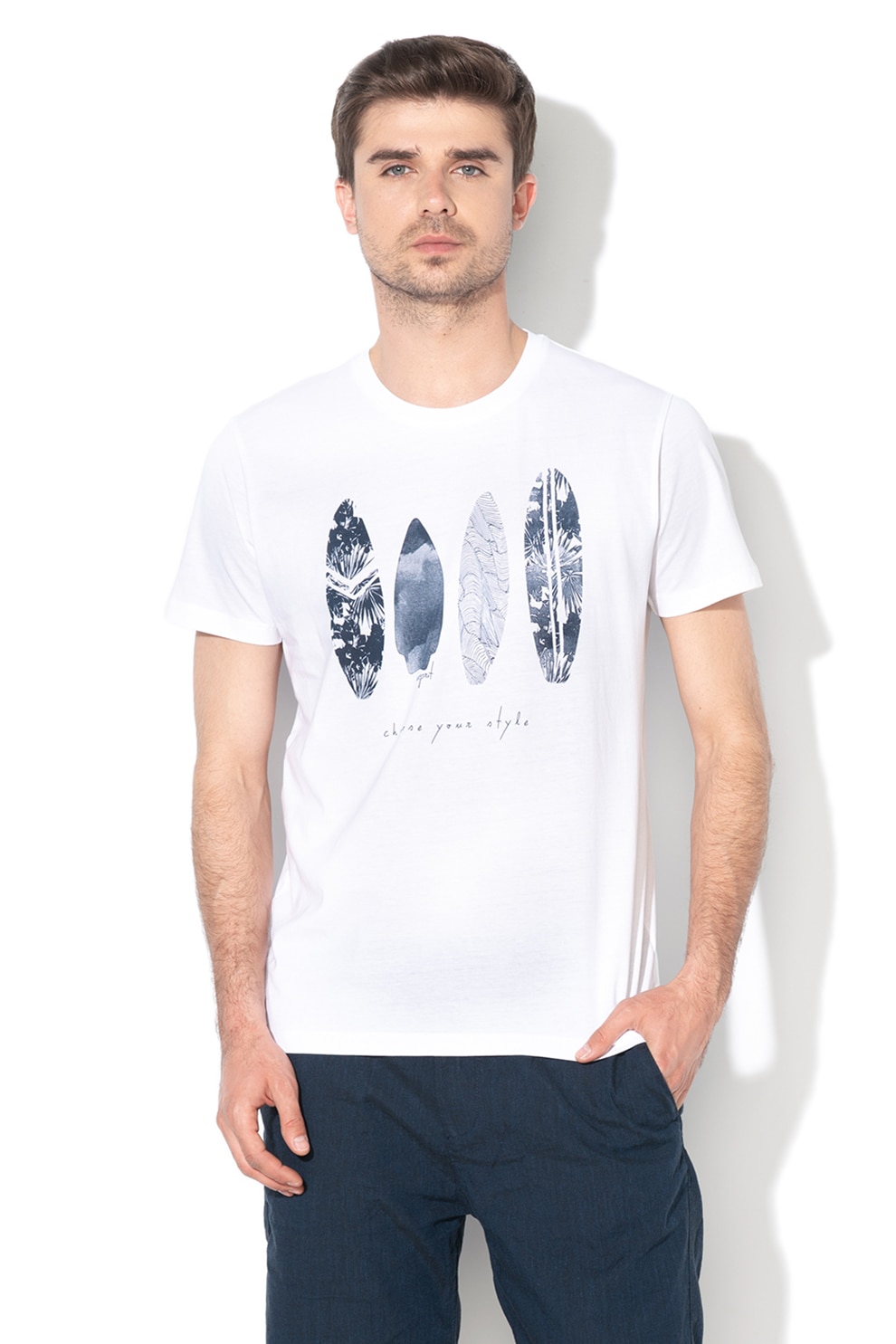 Esprit, Tricou regular fit cu imprimeu grafic 2, Alb/Bleumarin inchis, M