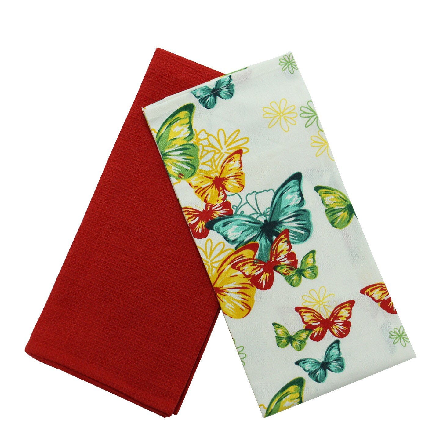 Prosop bucatarie iMKⓇ set 2 bucati, model fluturi si flori, bumbac, 50 x 70 cm, multicolor