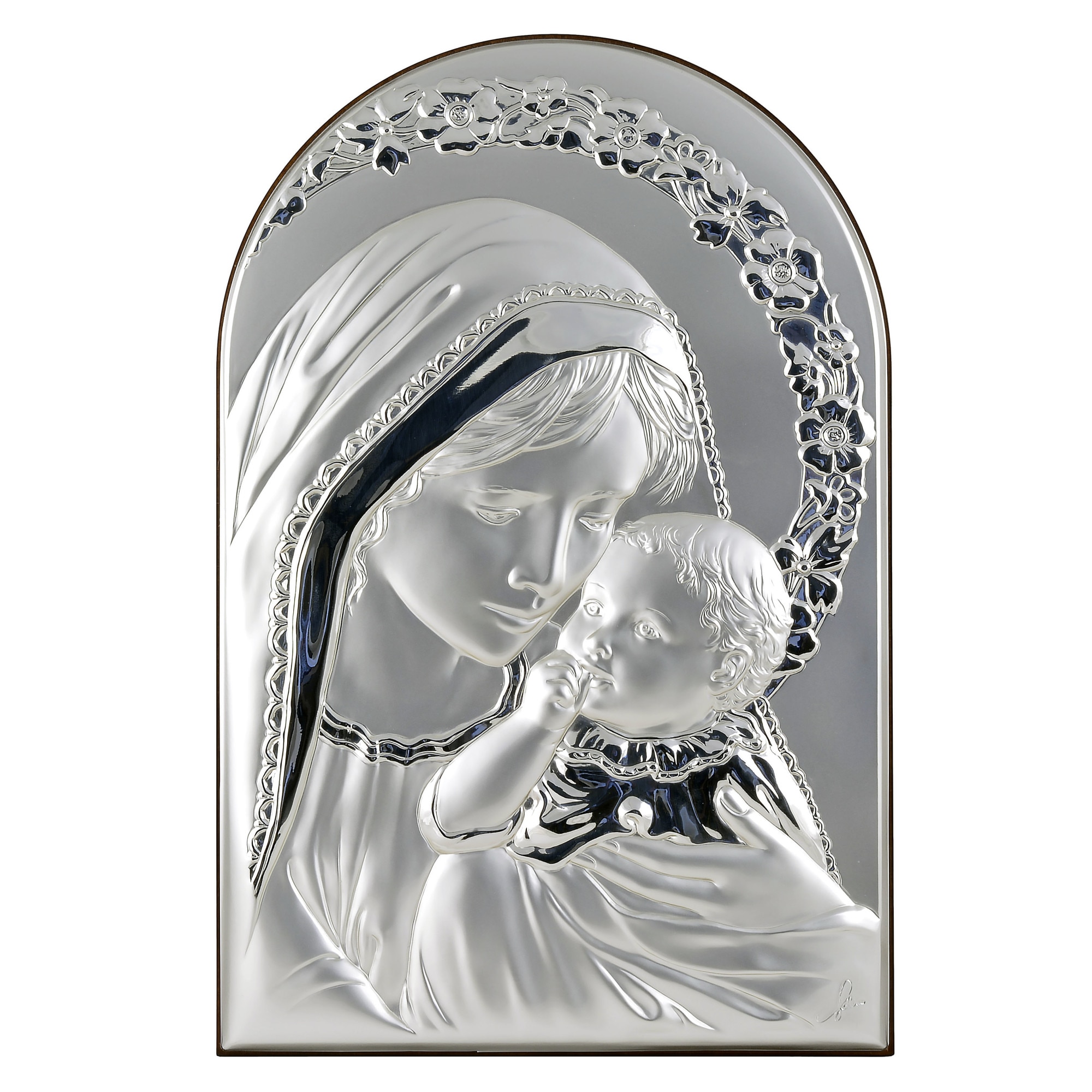 Icoana placata cu argint - Fecioara Maria si pruncul Iisus - Ghirlanda florala, Finisaj lemn alun, Arcada V, 31x20 cm, 5/5