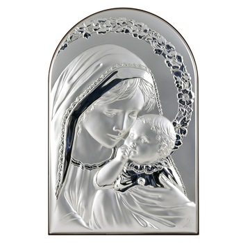 Icoana placata cu argint - Fecioara Maria si pruncul Iisus - Ghirlanda florala, Finisaj lemn alun, Arcada V, 31x20 cm, 5/5 Icoana placata cu argint - Fecioara Maria si pruncul Iisus - Ghirlanda florala, Finisaj lemn alun, Arcada V, 31x20 cm, 5/5