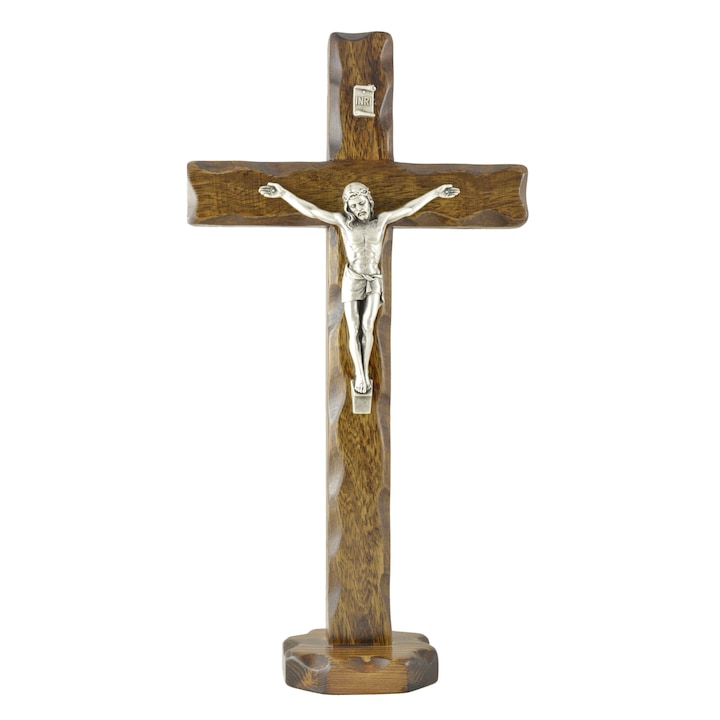 Cruce sculptata manual in lemn masiv de Frake cu corpul placat cu argint - Iisus rastignit pe cruce - Suport, 10x19 cm, 1/3