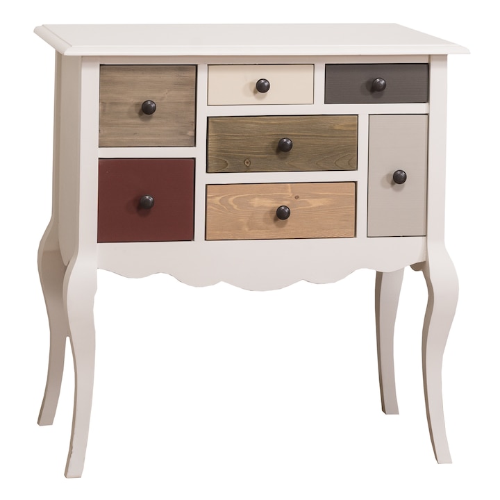 Consola cu picioare curbate si 7 sertare multicolor, corp alb, 100% lemn masiv, 80x40x82 cm