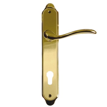 Maner usa interior, Verofer Tolosa, cu sild pentru cilindru, material alama, culoare alama satinat, 90 x 45 mm Maner usa interior, Verofer Tolosa, cu sild pentru cilindru, material alama, culoare alama satinat, 90 x 45 mm