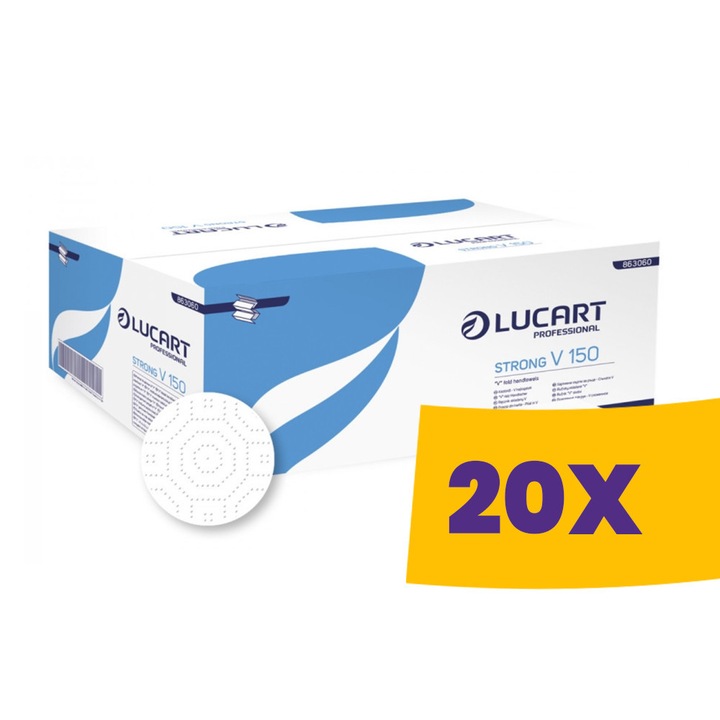 Prosop pliat hartie Lucart V 150 Strong, Alb, 23 x 25 cm