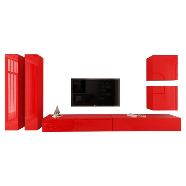 Set Mobila Living Modular Quadro 14 , MDF Lucios, ROSU, Dimensiune 410 cm