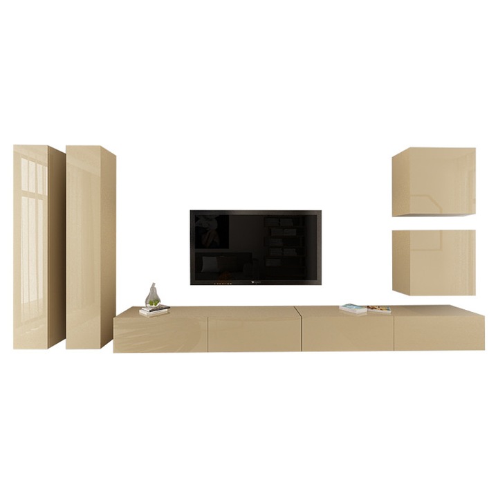 Set Mobila Living Modular Quadro 14 , MDF Lucios, CAPPUCCINO, Dimensiune 410 cm