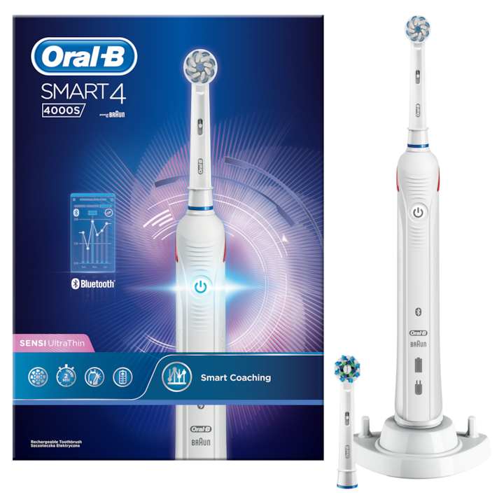 Oral-B SMART 4 4000S elektromos fogkefe, időmérő funkció, Oral-B telefonra telepíthető alkalmazás támogatás, nyomásérzékelő, Smart Coaching funkció, Sensi fej, Fehér