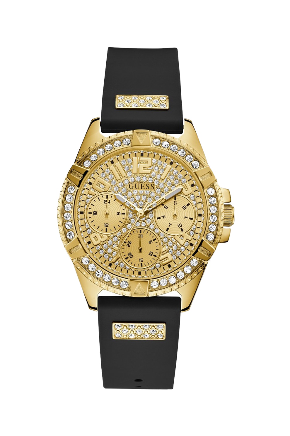Guess, Ceas cu functii multiple, coroana si cadran decorate cu cristale, Negru/Auriu