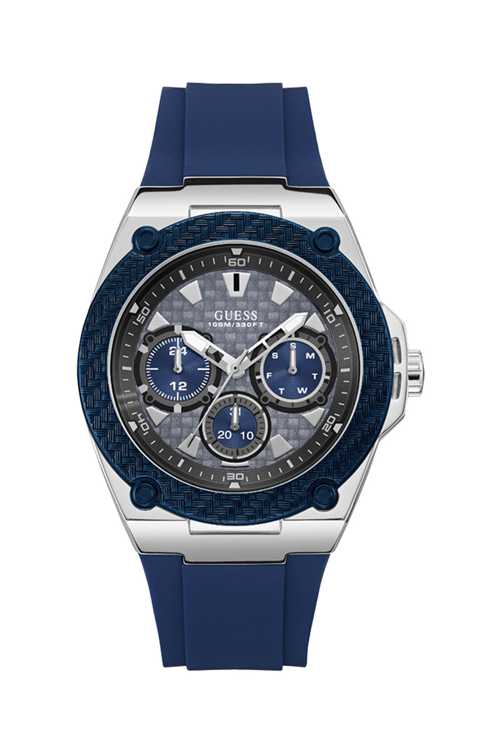 Guess, Ceas cu functii multiple si coroana texturata, Albastru inchis