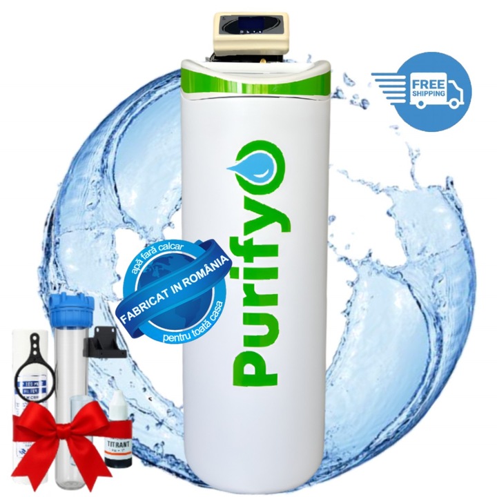 Statie de dedurizare, dedurizator de apa profesional 5-8 persoane, Purifyo®, reglaj duritate apa, afisaj electronic, 2.1 m3/h, scade duritatea apei de la 55 grade germane, 26 l rasina, dedurizator compact 106x46x26 cm+ tester duritate si filtru sedimente