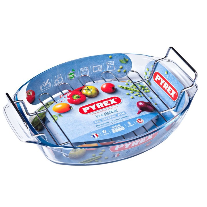 Vas termorezistent Pyrex, oval cu gratar inox, 40 x 28 cm