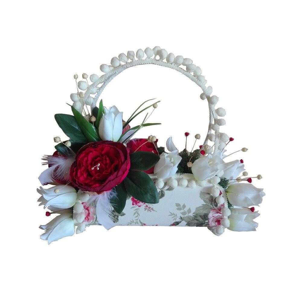 Poseta handmade PicturalDecor, cu imprimeu si flori artificiale