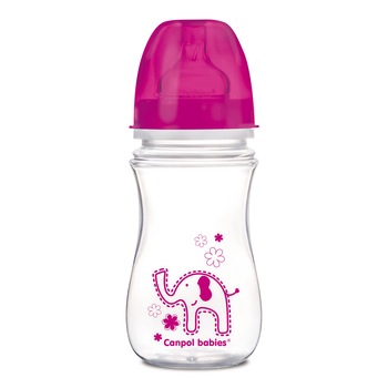 Biberon anticolici gat larg, Canpol babies®, polipropilena, 240 ml, “Colourful animals”, roz Biberon anticolici gat larg, Canpol babies®, polipropilena, 240 ml, “Colourful animals”, roz