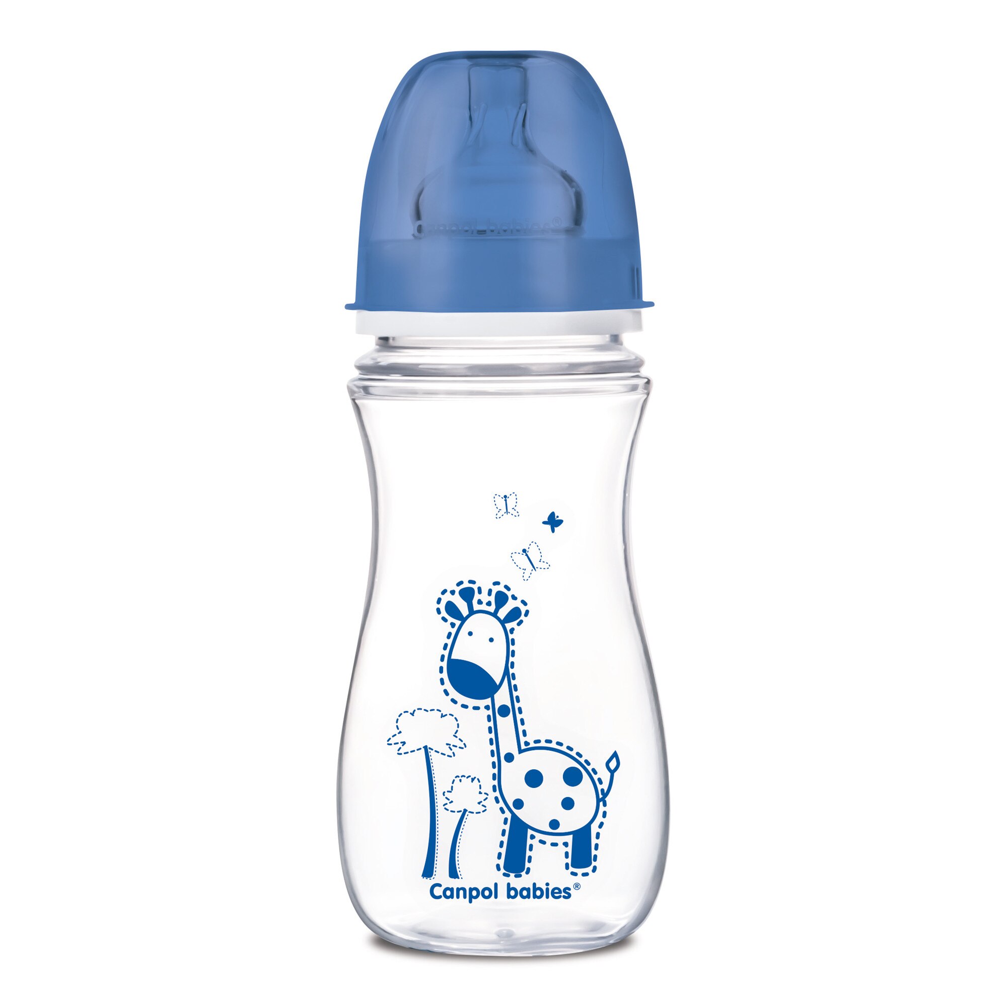 Biberon anticolici gat larg, Canpol babies®, polipropilena, 300 ml, “Colourful animals”, albastru