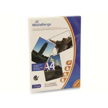 Hartie Foto MediaRange DIN A4 pentru imprimante cu jet de cerneala, acoperite cu un luciu inalt, 220g, 100 de coli / pagini Hartie Foto MediaRange DIN A4 pentru imprimante cu jet de cerneala, acoperite cu un luciu inalt, 220g, 100 de coli / pagini