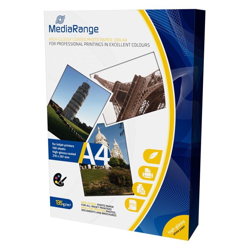 Hartie MediaRange A4 hartie foto pentru imprimante cu jet de cerneala, high-glossy coated, 135g, 100 sheets / pagini