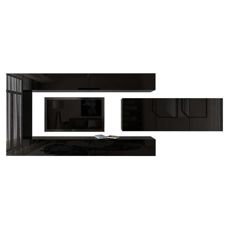 Set Mobila Living Modular Quadro 15 , MDF Lucios, NEGRU, Dimensiune 400 cm