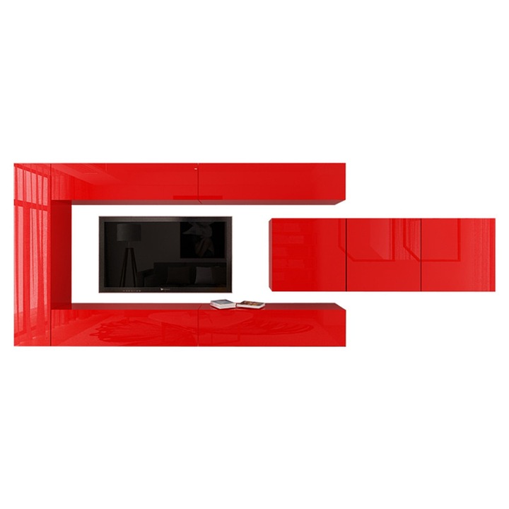 Set Mobila Living Modular Quadro 15 , MDF Lucios, ROSU, Dimensiune 400 cm