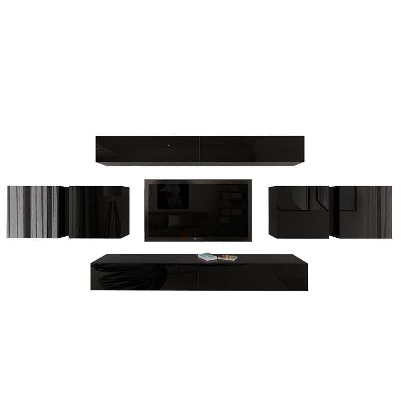 Set Mobila Living Modular Quadro 16 , MDF Lucios, NEGRU, Dimensiune 440 cm