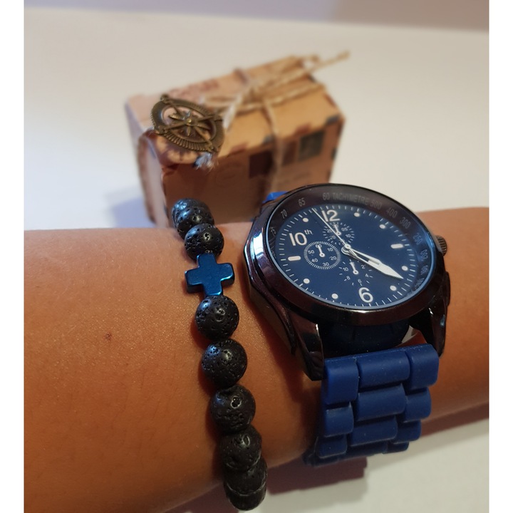 Bratara Roca Vulcanica Chakra Cruce Bleumarin Unisex