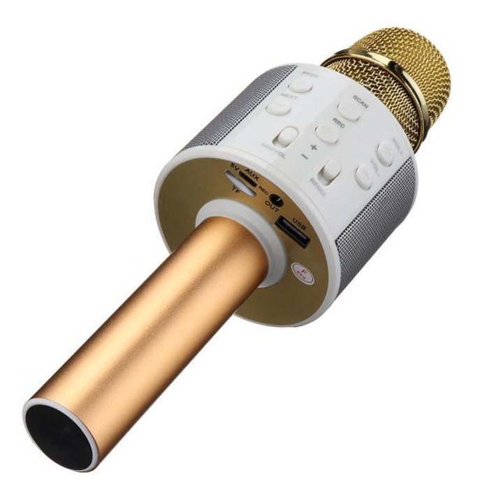 Караоке микрофон, Bluetooth, С вграден високоговорител, Съвместим с всеки смартфон, С вградена батерия, Златист
