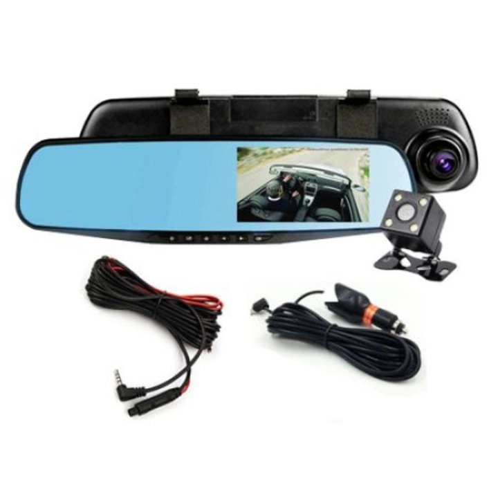 Oglinda cu camera auto DVR, dubla(fata/spate), FullHD 1080p, Display 4,3