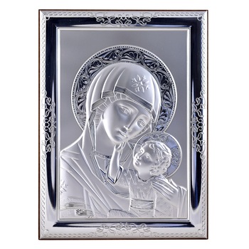 Icoana placata cu argint - Fecioara Maria si pruncul Iisus - Ortodox, finisaj lemn alun, drept, 17x13 cm, 3/4 Icoana placata cu argint - Fecioara Maria si pruncul Iisus - Ortodox, finisaj lemn alun, drept, 17x13 cm, 3/4