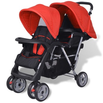 Carucior pentru 2 copii, tandem, vidaXL, Multicolor, rosu si negru Carucior pentru 2 copii, tandem, vidaXL, Multicolor, rosu si negru