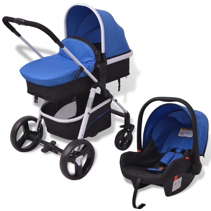 Детска количка 3 в 1 за деца, vidaXL, алуминиева рамка, синьо и черно