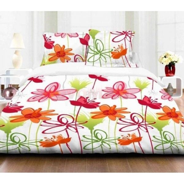 Set Lenjerie de pat dubla cu model floral, 4 piese, bumbac, densitate 144TC, Rosu