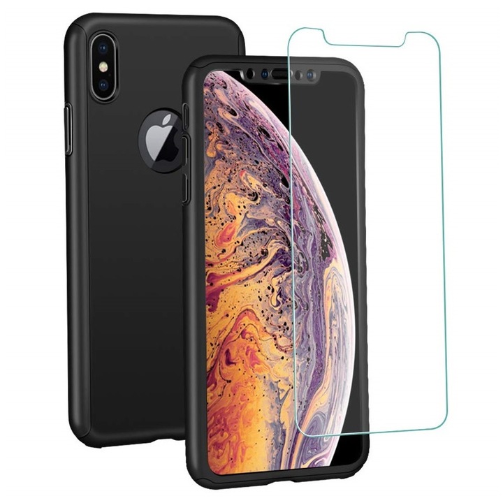 Full Cover 360°-os tok (elöl + hátul + üvegfólia) iPhone XS Max-hoz, fekete
