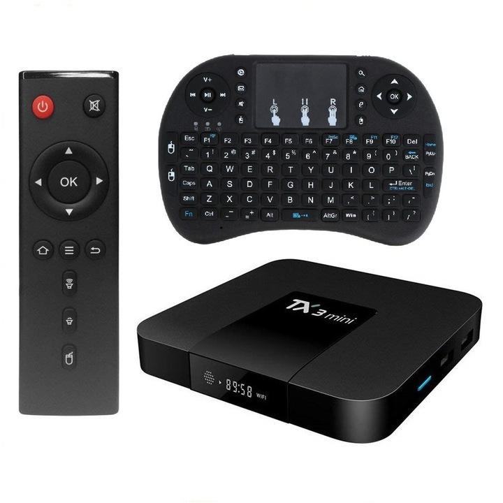 Мултимедиен плеър Mini PC TV Box, TX3 Mini, 4K, Quad-Core, 1 GB RAM, 8 GB, WiFi, USB, HDMI, H265, Android 7.1.2, LCD дисплей, 7-цветна мини безжична клавиатура с подсветка, Приложения за телевизия, Филми, Сериали, YouTube