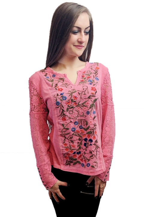 Bluza Cara roz cu broderie si dantela Marime M