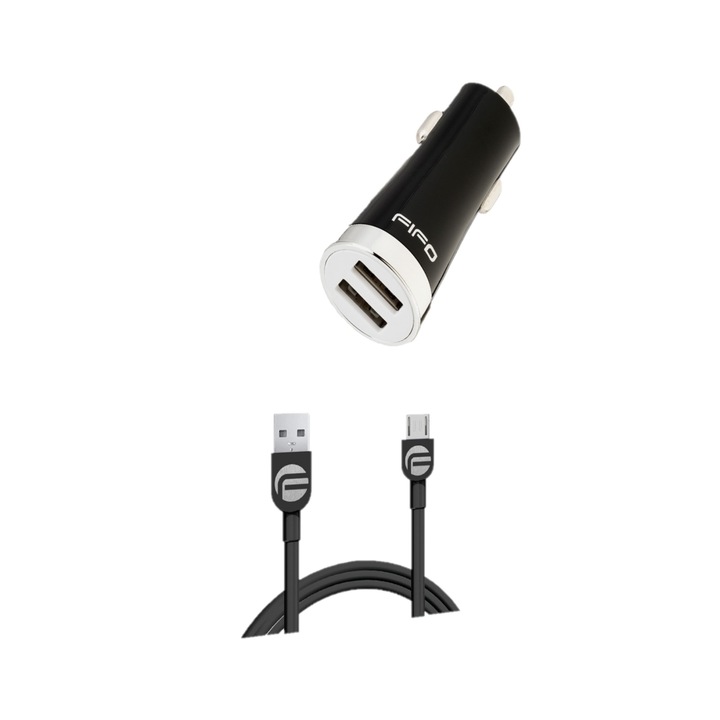 Fifo kettős autós töltő, 2x2,1 A, micro USB kábellel