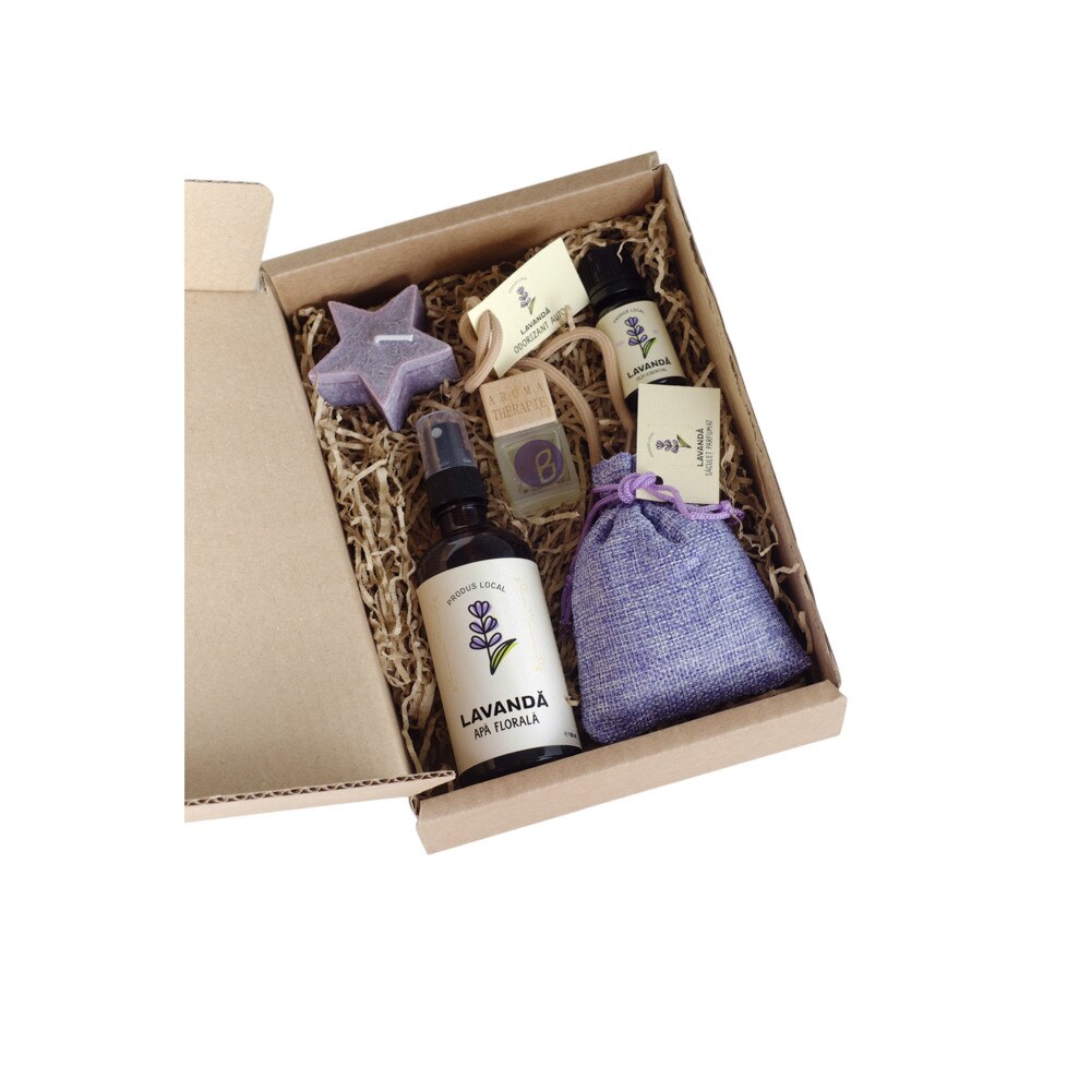 Set cadou Bio Impact ulei esential lavanda 10 ml, saculet parfurmat lavanda 20g, lumanare parfurmata, apa florala lavanda 100 ml, odorizant auto