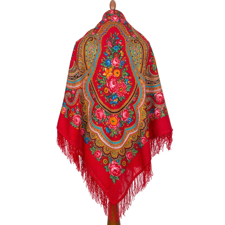 Sal din lana cu franjuri "Lyubava" 1289-5, rusesc, multicolor pe fond rosu, 146 x 146 cm