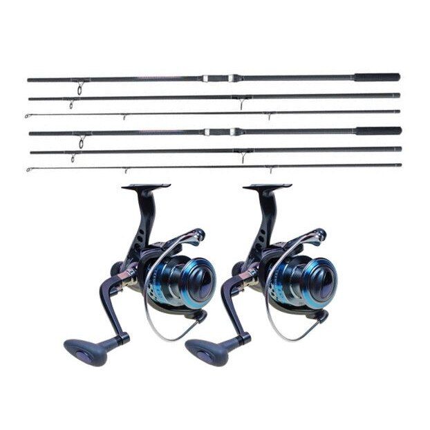 Set 2 Lansete, Baracuda, Master Carp, 3.90 metri, din 3 tronsoane, echipate cu 2 Mulinete, WindBlade, G360RM, cu 6 rulmenti si tambur metalic